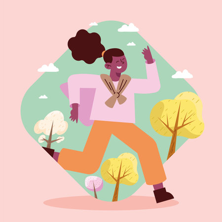 afro woman running in forestのイラスト素材
