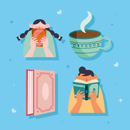 books with readers and coffeeのイラスト素材