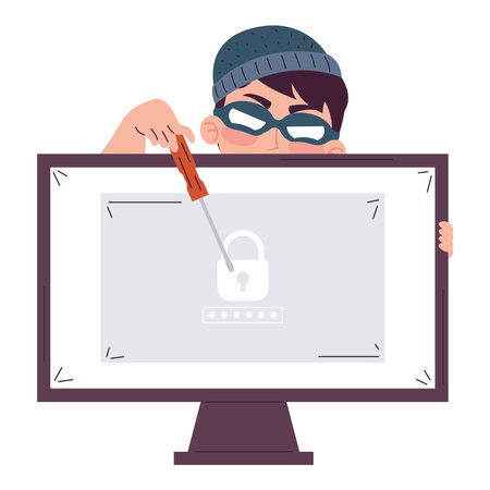 hacker with screwdriver and desktopのイラスト素材