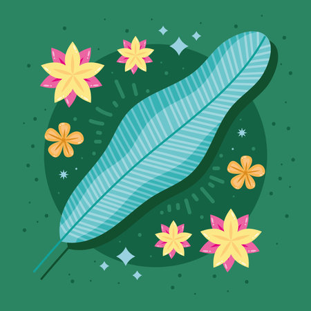 tropical leaf palm and flowersのイラスト素材