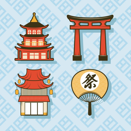 japanese pagodas and arch with fanのイラスト素材