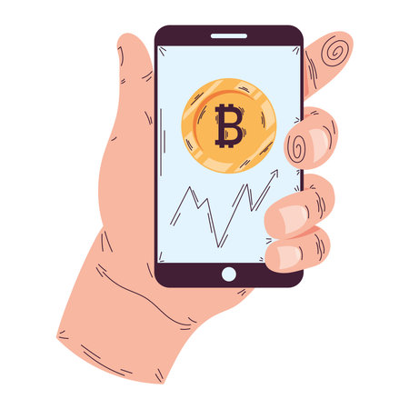 hand holds a smartphone with a coin in itのイラスト素材