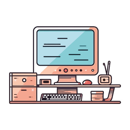 Modern office desk with computer monitorのイラスト素材