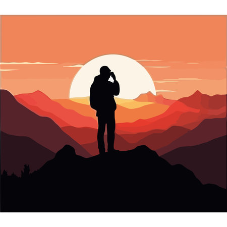 Standing man silhouette on mountain peak at sunriseのイラスト素材