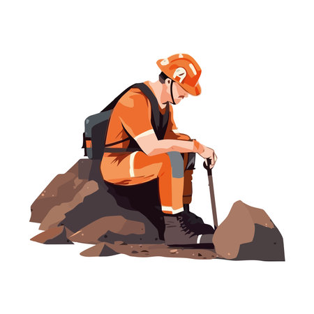 Construction worker hiking mountain with work backpackのイラスト素材
