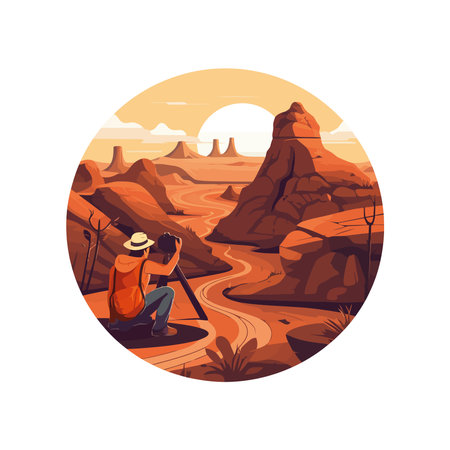 One person hiking in natures autumn landscapeのイラスト素材