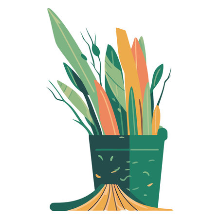 Green leaves and yellow flowers in vaseのイラスト素材