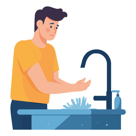 smiling man washing dishesのイラスト素材