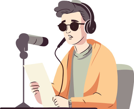 Young adult musician sitting, listening with headphonesのイラスト素材