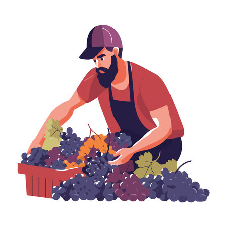 One farmer holding a basket of ripe grapesのイラスト素材