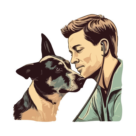 Smiling owner watching cute puppy with affectionのイラスト素材