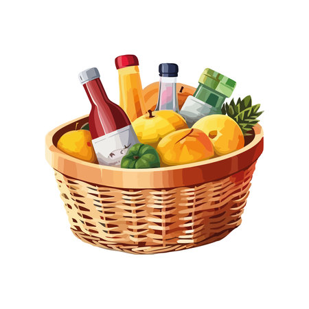 Fresh fruits and vegetables in wicker basketのイラスト素材
