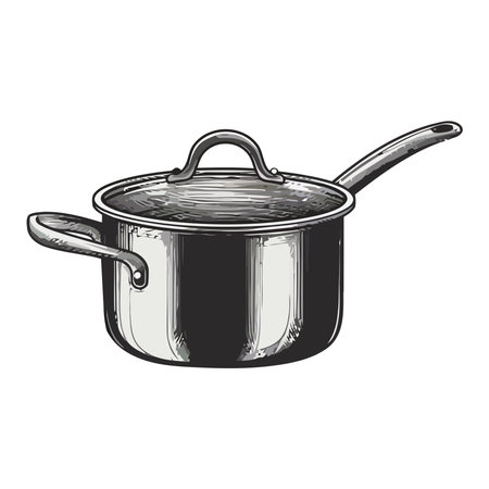 Stainless steel saucepan with ladle and lidのイラスト素材