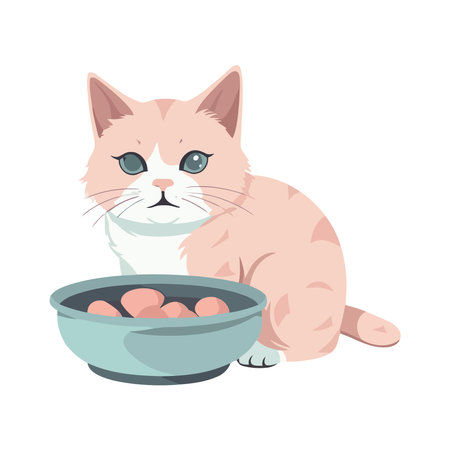 Cute kitten sitting with food bowlのイラスト素材