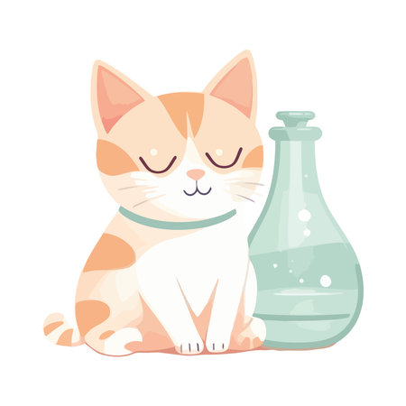Cute kitten sitting with liquid medicine bottleのイラスト素材