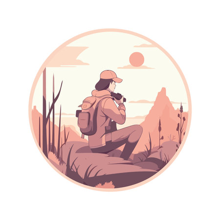 man sitting admiring mountain landscapeのイラスト素材