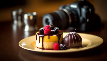 Indulgent chocolate dessert on wooden table photographed beautifully generated by artificial intelligenceの素材