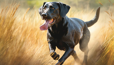 Playful puppy running in meadow, enjoying nature generated by artificial intelligenceの素材
