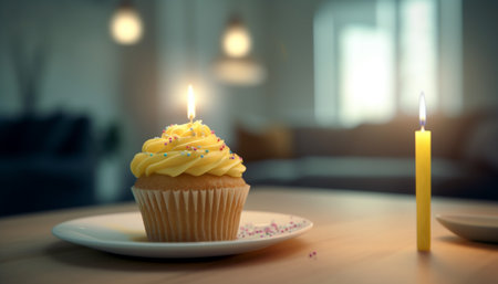 Birthday celebration with sweet baked desserts, candlelight love generated by artificial intelligenceの素材