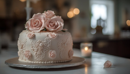 Elegant wedding cake with chocolate icing and flowers generated by artificial intelligenceの素材
