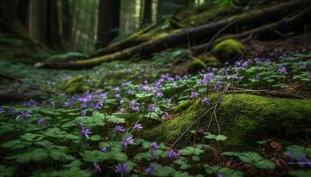 Tranquil scene: Fresh flowers bloom in forest generated by artificial intelligenceの素材