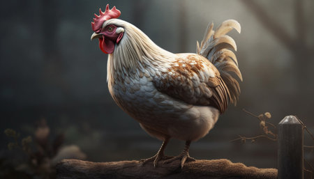 Free range rooster stands proud in grassy meadow generated by artificial intelligenceの素材