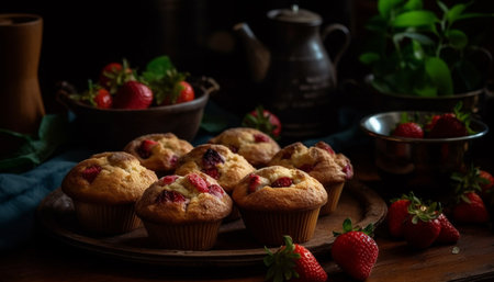 Freshly baked muffins and berry cupcakes temptingly displayed generated by artificial intelligenceの素材