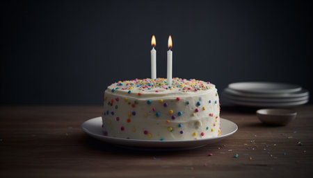 Birthday cake with burning candles and decorations generated by artificial intelligenceの素材