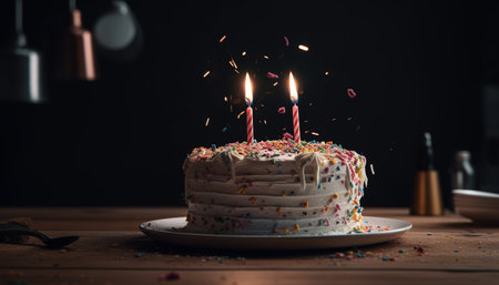 Birthday cake, burning candles, sweet indulgence fun generated by artificial intelligenceの素材
