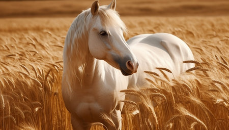 Majestic stallion grazes in tranquil meadow, free generated by artificial intelligenceの素材