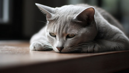 Fluffy kitten resting on soft sofa indoors generated by artificial intelligenceの素材