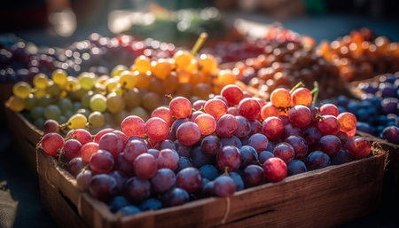 Organic basket of ripe grapes, juicy refreshment generated by artificial intelligenceの素材