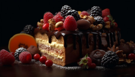 Sweet berry cheesecake with chocolate decoration and whipped cream generated by artificial intelligenceの素材
