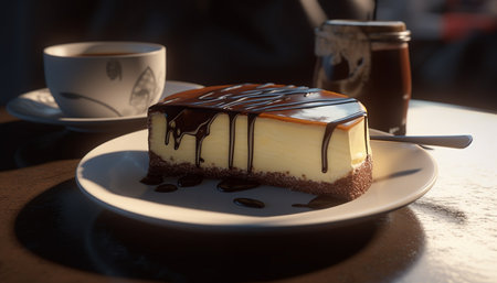A gourmet chocolate cheesecake slice on a plate generated by artificial intelligenceの素材