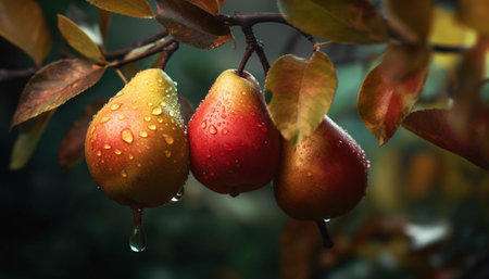 Ripe apple drops in wet autumn orchard generated by artificial intelligenceの素材