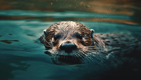 A cute seal swimming underwater, looking at camera generated by artificial intelligenceの素材