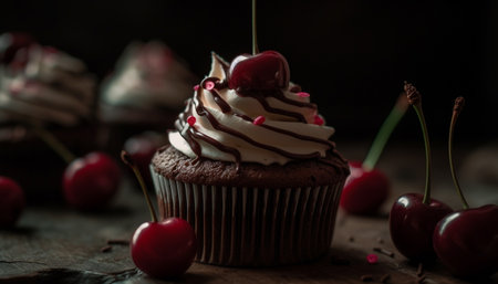 A gourmet cupcake with fresh berry decoration generated by artificial intelligenceの素材