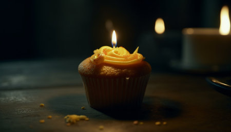 Birthday candles illuminate homemade cupcake celebration indoors generated by artificial intelligenceの素材