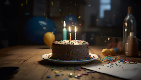 Birthday celebration with cake, candles, and confetti generated by artificial intelligenceの素材