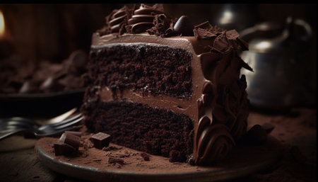 Indulgent chocolate dessert on rustic wooden table generated by artificial intelligenceの素材