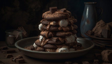 A homemade stack of dark chocolate cookies generated by artificial intelligenceの素材