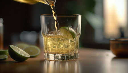 Whiskey sour with fresh citrus and ice cubes generated by artificial intelligenceの素材