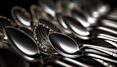 Shiny silverware in a row, selective focus generated by artificial intelligenceの素材