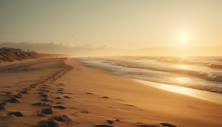 Sunrise over tranquil seascape, a tropical paradise generated by artificial intelligenceの素材
