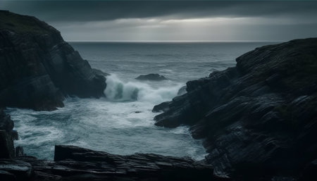 Rough waves crash against majestic cliffside at dusk generated by artificial intelligenceの素材