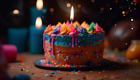 Birthday celebration with cake, candles, and confetti generated by artificial intelligenceの素材