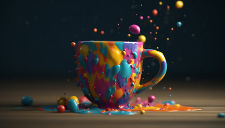 Colorful confetti falls on birthday celebration table generated by artificial intelligenceの素材