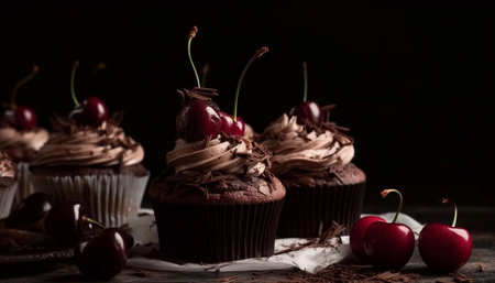 Indulgent chocolate cupcakes with fresh berry decoration generated by artificial intelligenceの素材