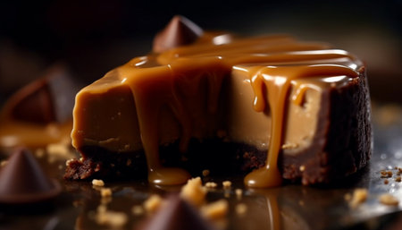 Indulgent slice of dark chocolate fudge cake generated by artificial intelligenceの素材