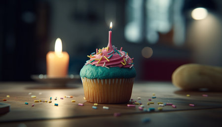 Birthday celebration with gourmet cupcakes and chocolate decoration generated by artificial intelligenceの素材